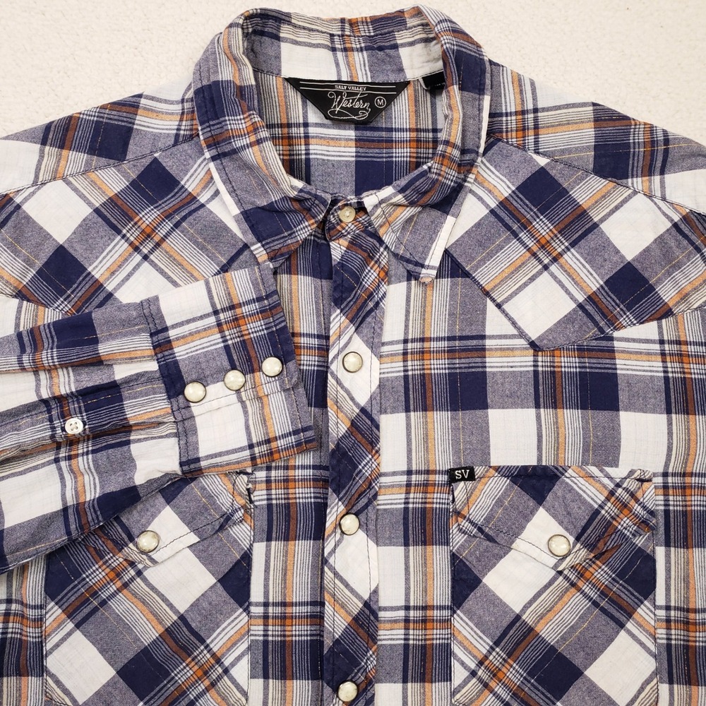 Salt Valley Western Pearl Snap Shirt Men Medium Blue Orange White Plaid Yoke